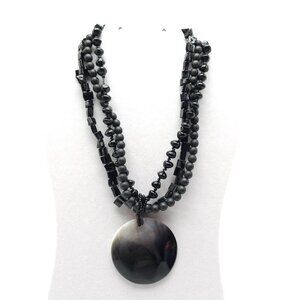 Black Multi Strand Beaded Necklace With Round Shell Pendant Adjustable Clasp